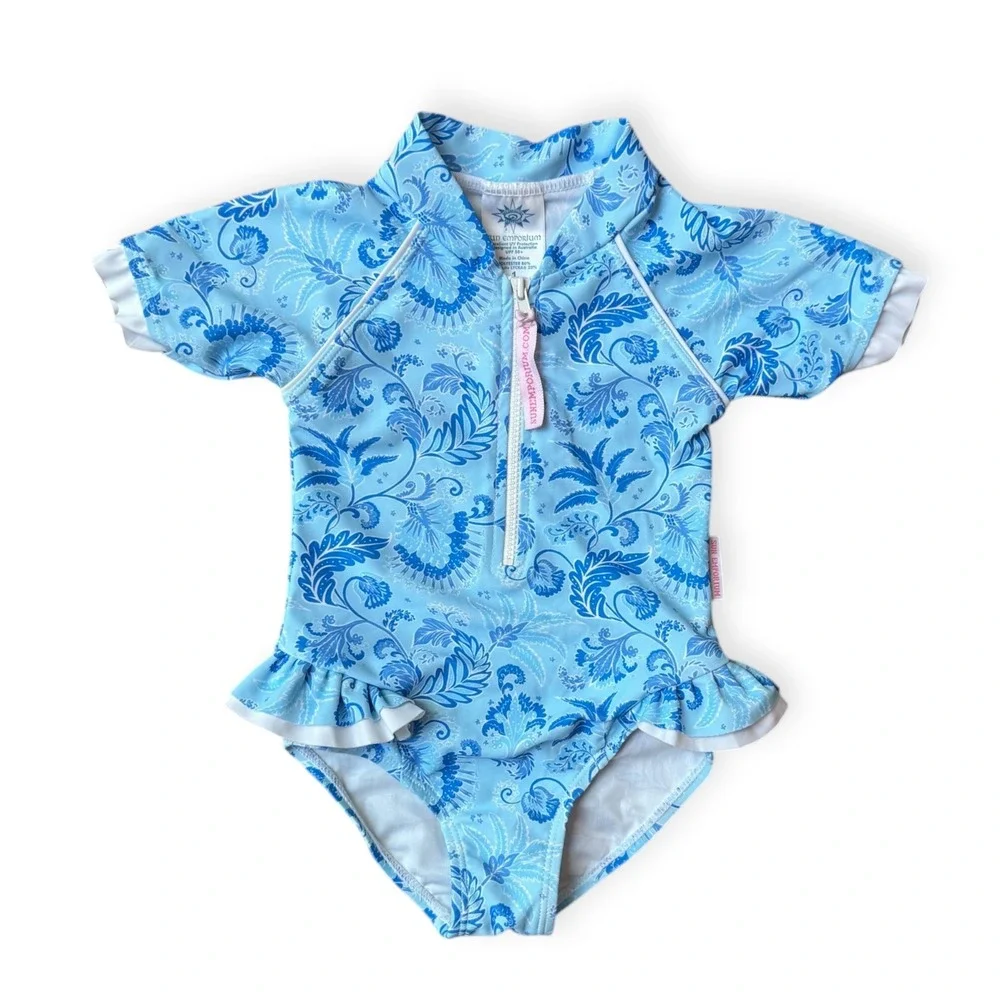Sun Emporium Toddler Girls Swimsuit Blue Floral Ruffle Size 1 (12 months)